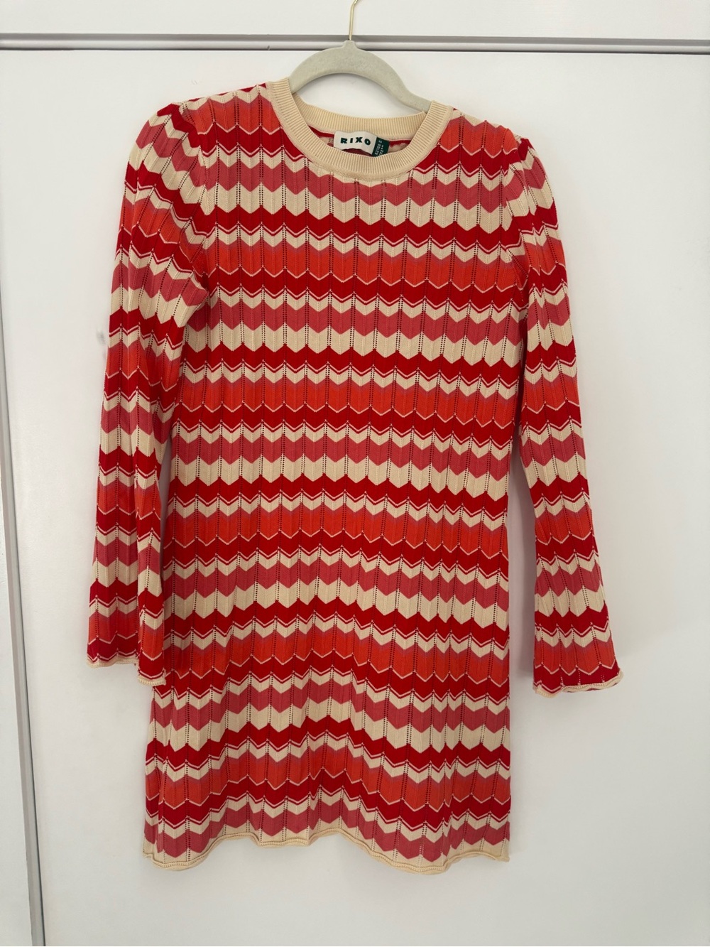 RIXO Red and Cream Chevron Ribbed Crewneck Sweater